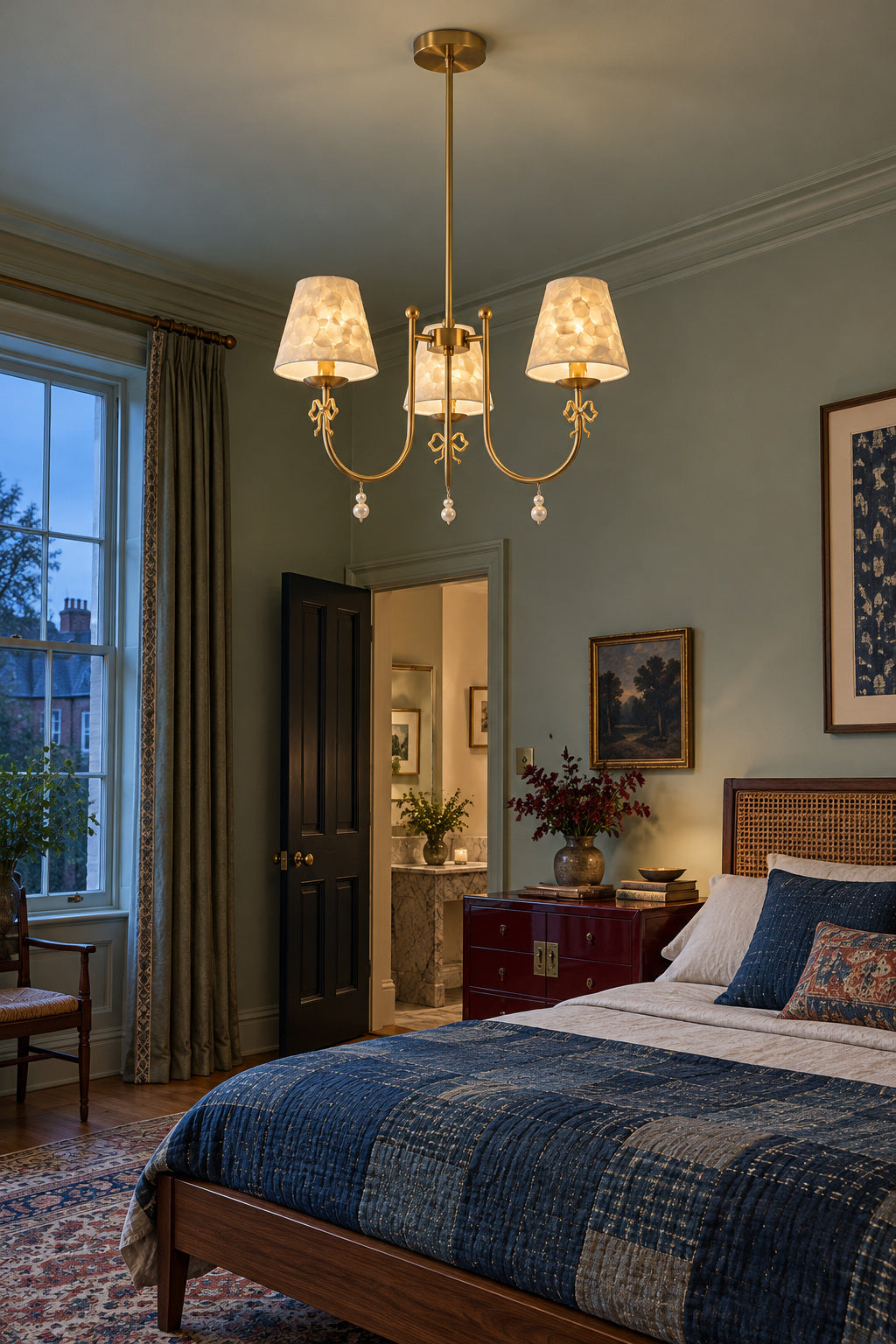 Rosnacre 3-light chandelier - celadon bedroom on