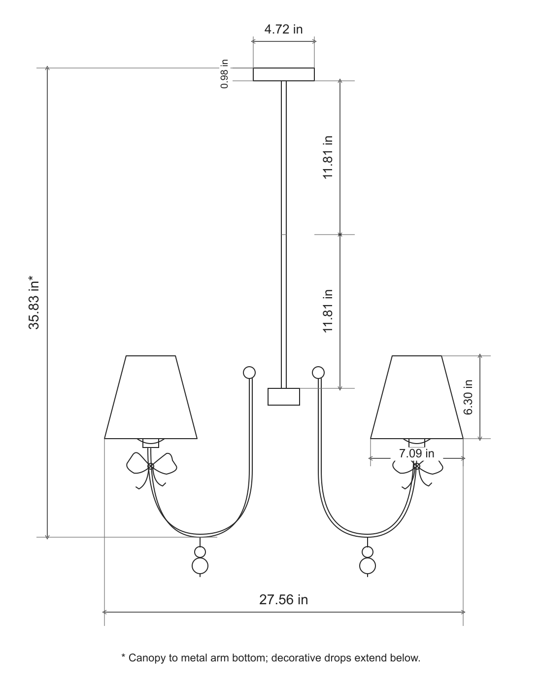Rosnacre 3-Light Shell Bow Chandelier dimensions in inches; stated height excludes decorative drops
