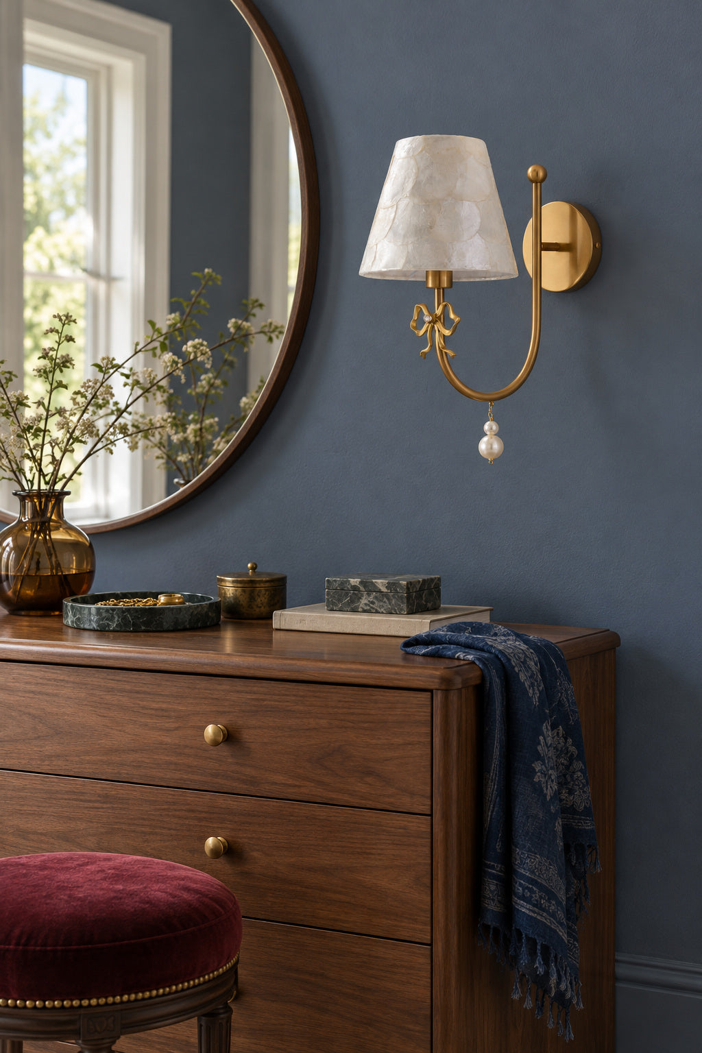 Rosnacre shell bow wall sconce - blue dressing off