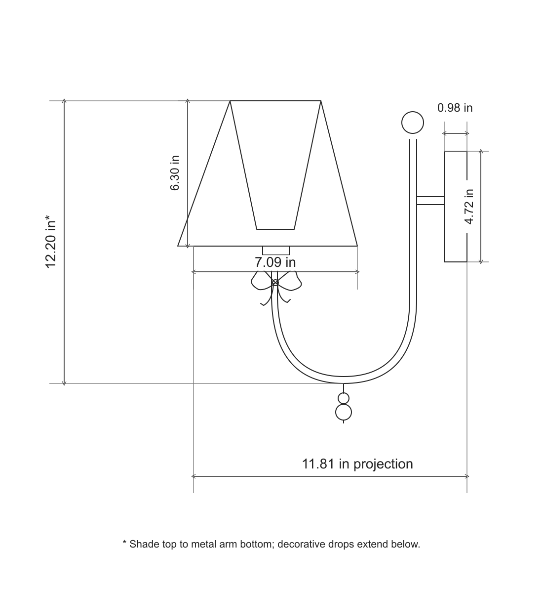 Rosnacre Shell Bow Wall Sconce dimensions in inches; stated height excludes decorative drops