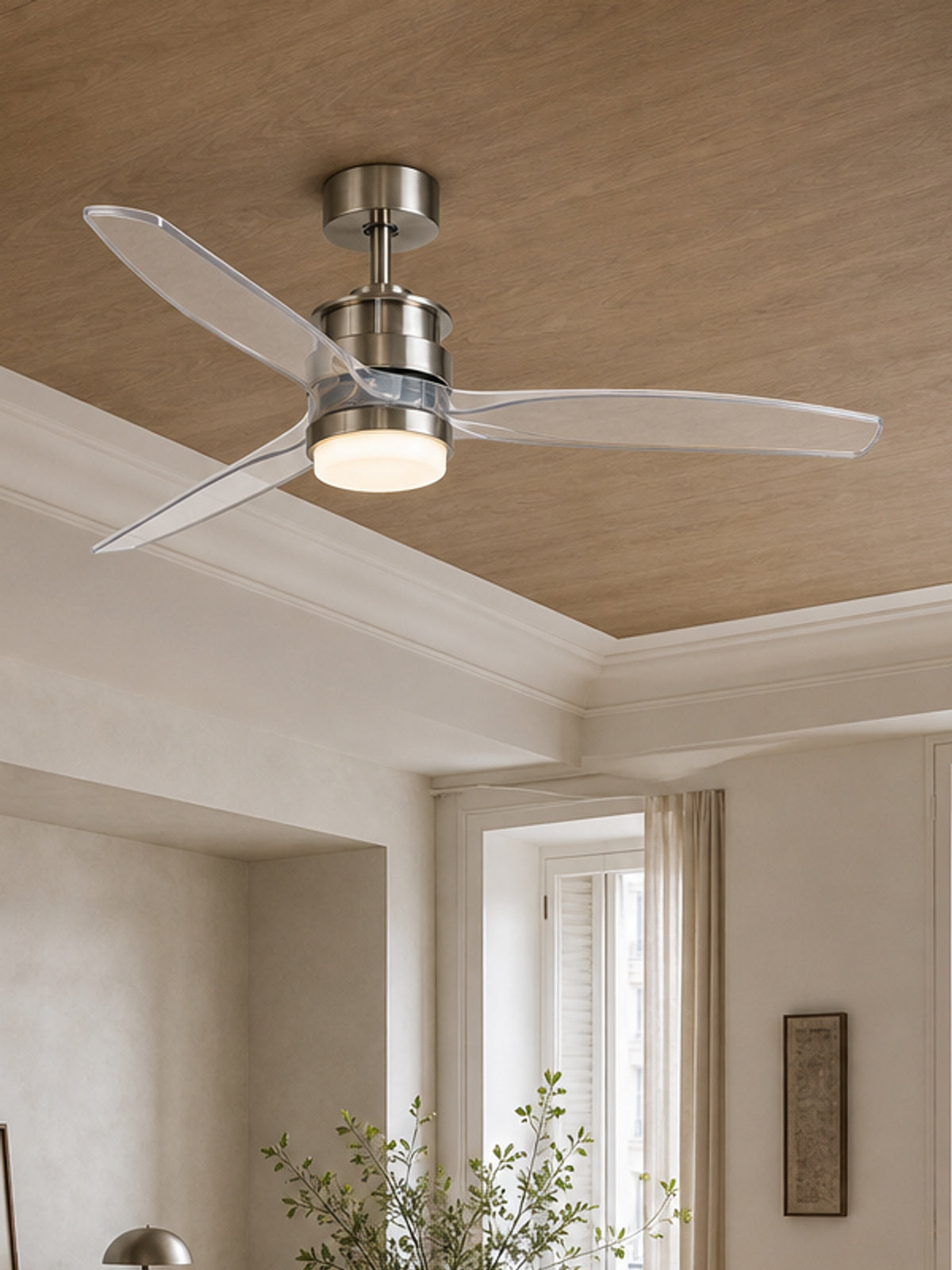 Satin Nickel and Clear-Blade Ceiling Fan with Light - FAN929-B-01 — desktop collection card lifestyle image