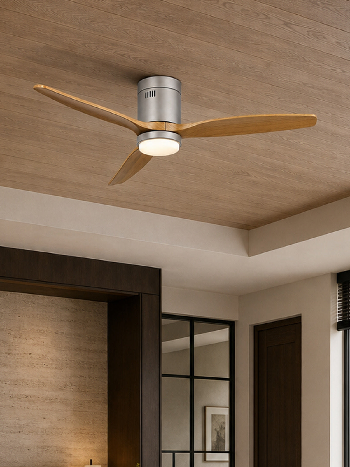 Satin Nickel Low-Profile Ceiling Fan with Light - FAN924-01 — desktop collection card lifestyle image