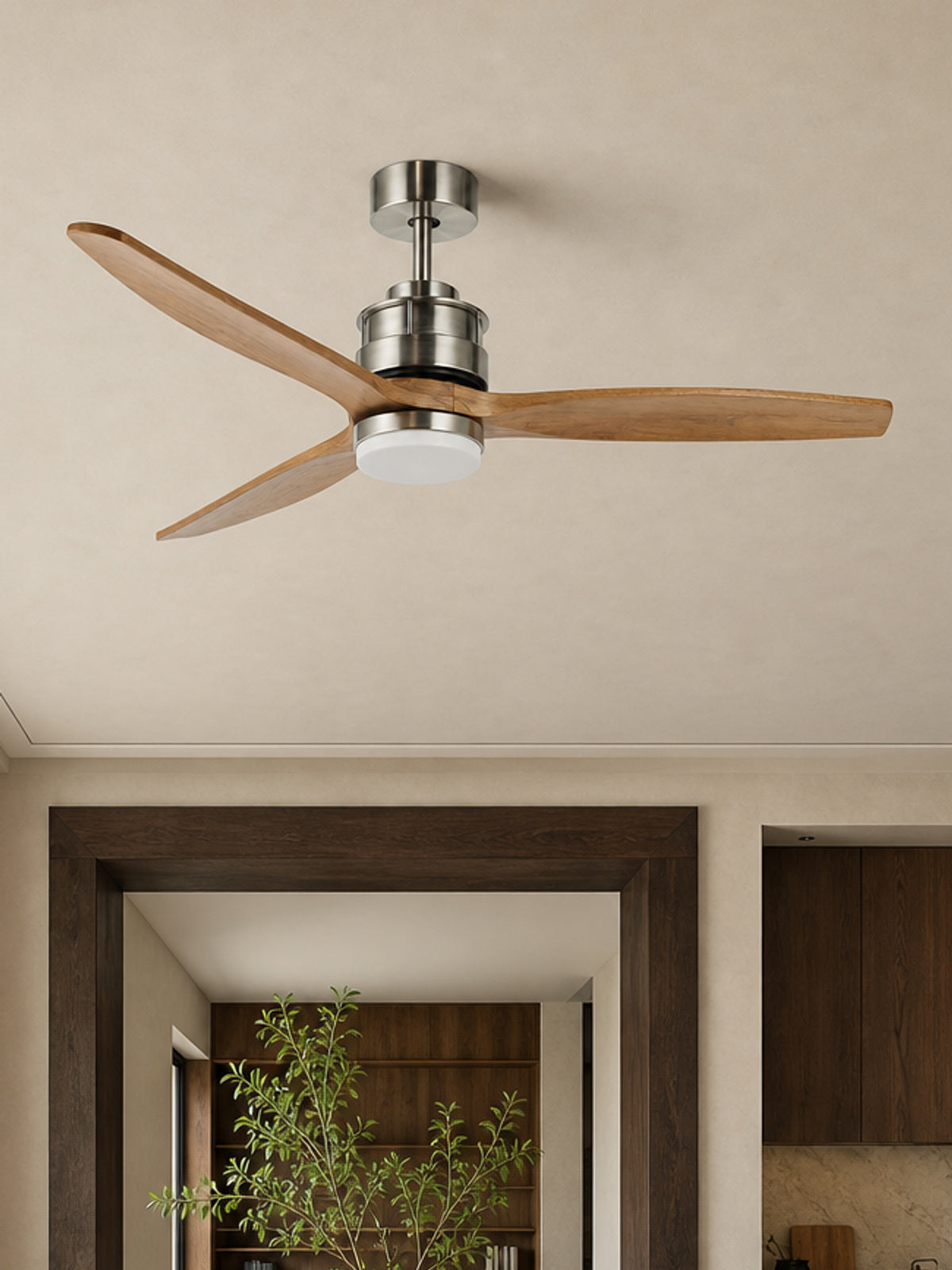 Satin Nickel and Natural Wood Ceiling Fan with Light - FAN929-A-01 — desktop collection card lifestyle image