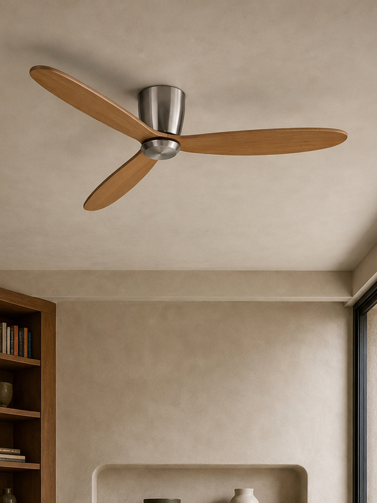 Satin Nickel and Teak Low-Profile Ceiling Fan - FAN923-A-01 — desktop collection card lifestyle image