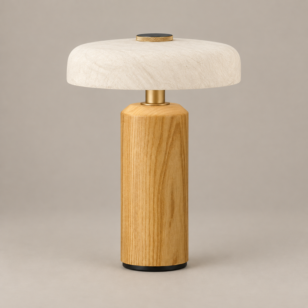 Tavellen rechargeable table lamp in natural ash with a fine mulberry silk shade, light off