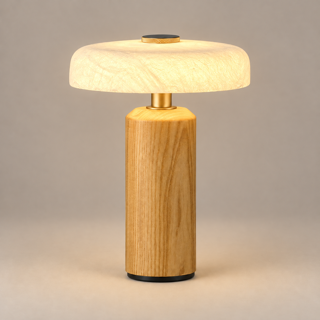 Tavellen natural ash and mulberry silk rechargeable table lamp with warm light