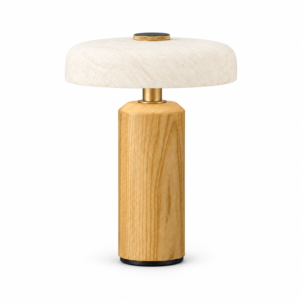 Tavellen natural ash and mulberry silk rechargeable table lamp switched off on white