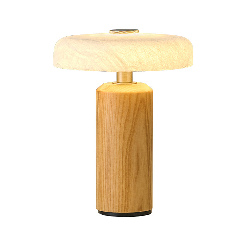 Tavellen natural ash and mulberry silk table lamp lit on white in the supplier original product image