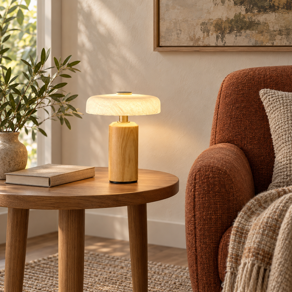 Tavellen natural ash and silk table lamp glowing on a small side table