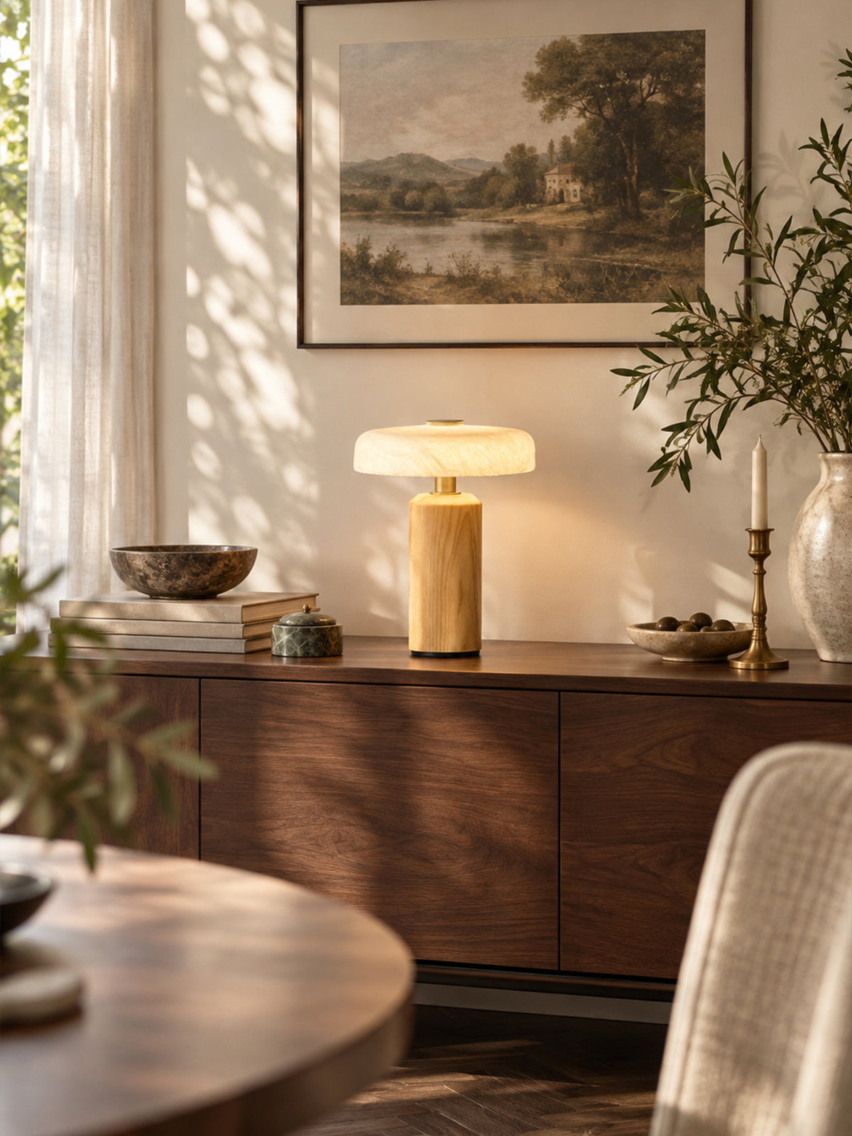 Tavellen natural ash and silk rechargeable table lamp in supplier original living-room console scene