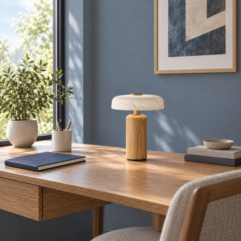 Compact Tavellen natural ash table lamp switched off on a study desk