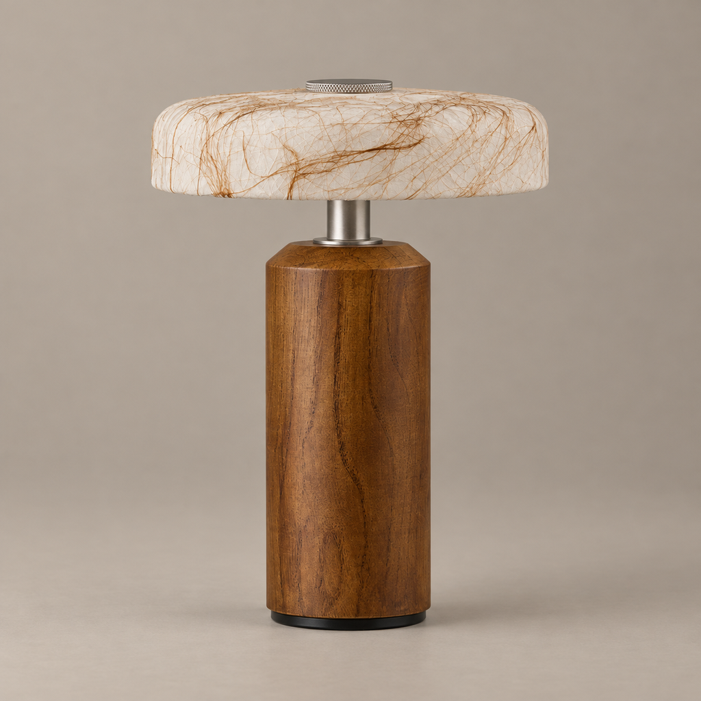 Tavellen rechargeable table lamp in walnut-tone ash with silver hardware and a coarse-fiber mulberry silk shade, light off