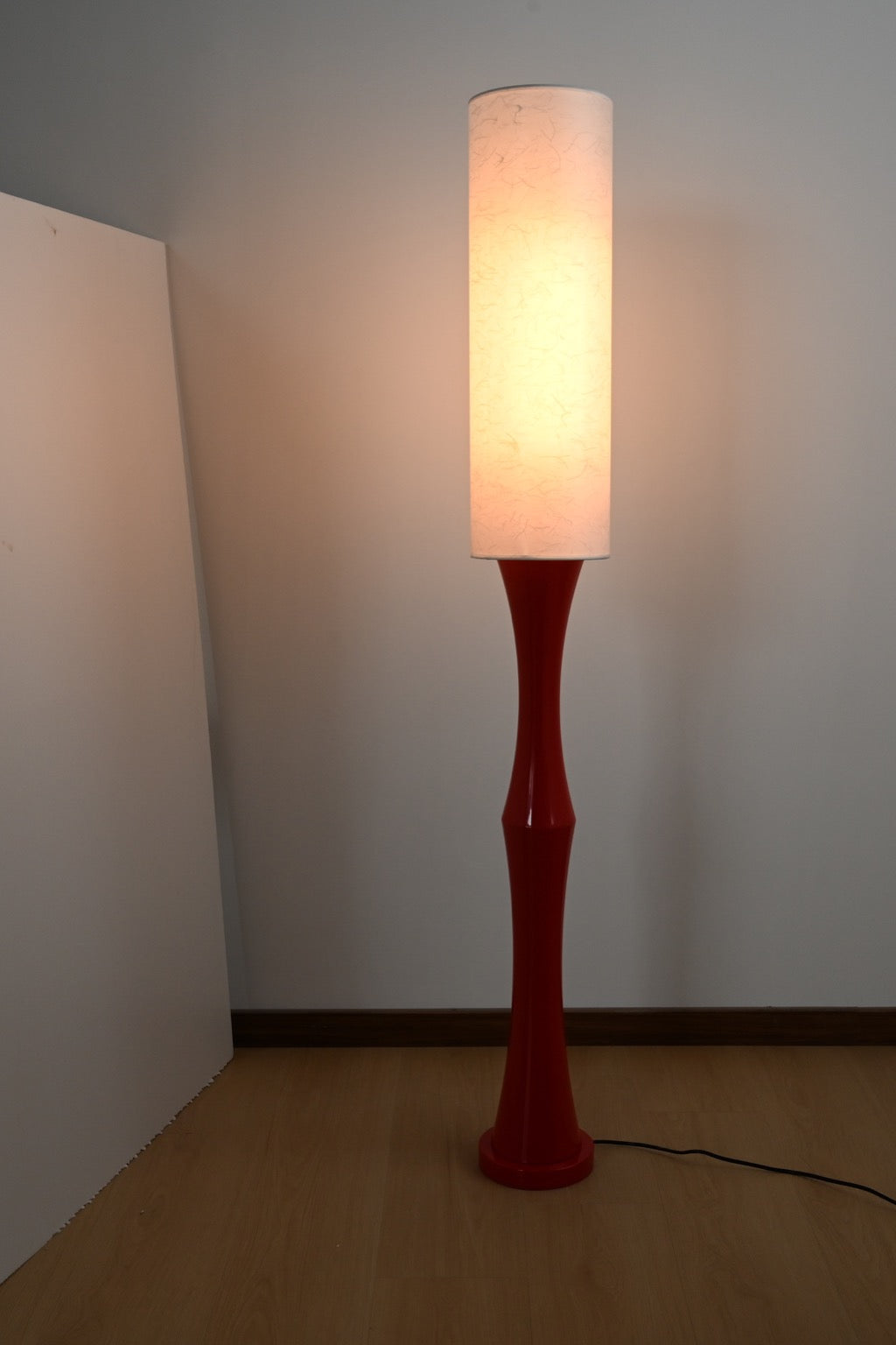 Tavrane red ash wood and fabric floor lamp, overall, light on