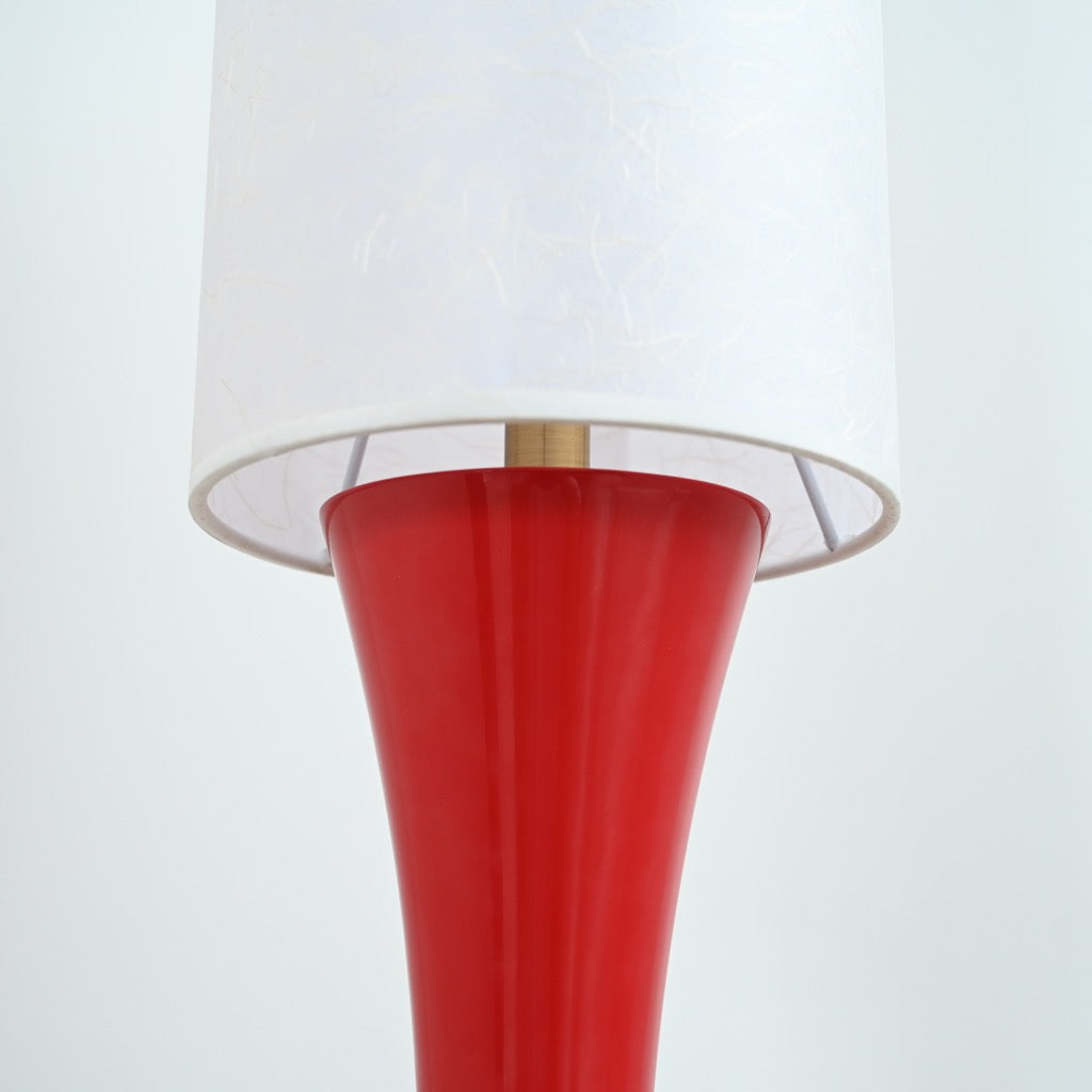 Tavrane red ash wood and fabric floor lamp, detail, light off