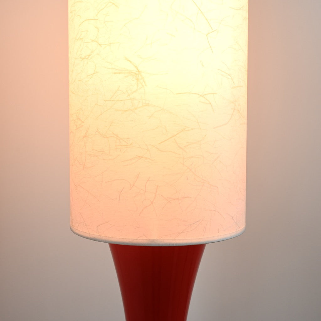 Tavrane red ash wood and fabric floor lamp, detail, light on