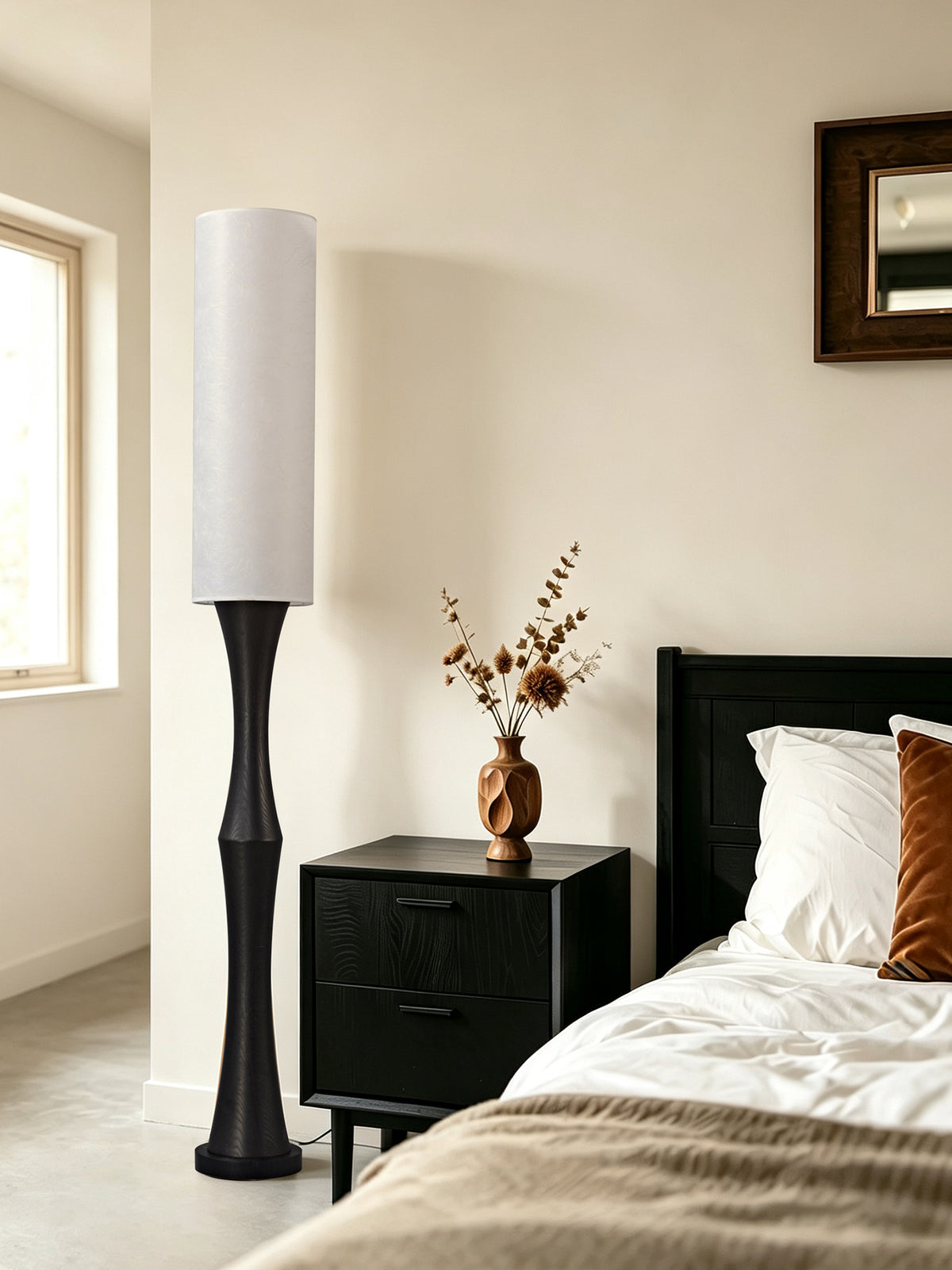 Tavrane black ash wood and fabric floor lamp, source scene