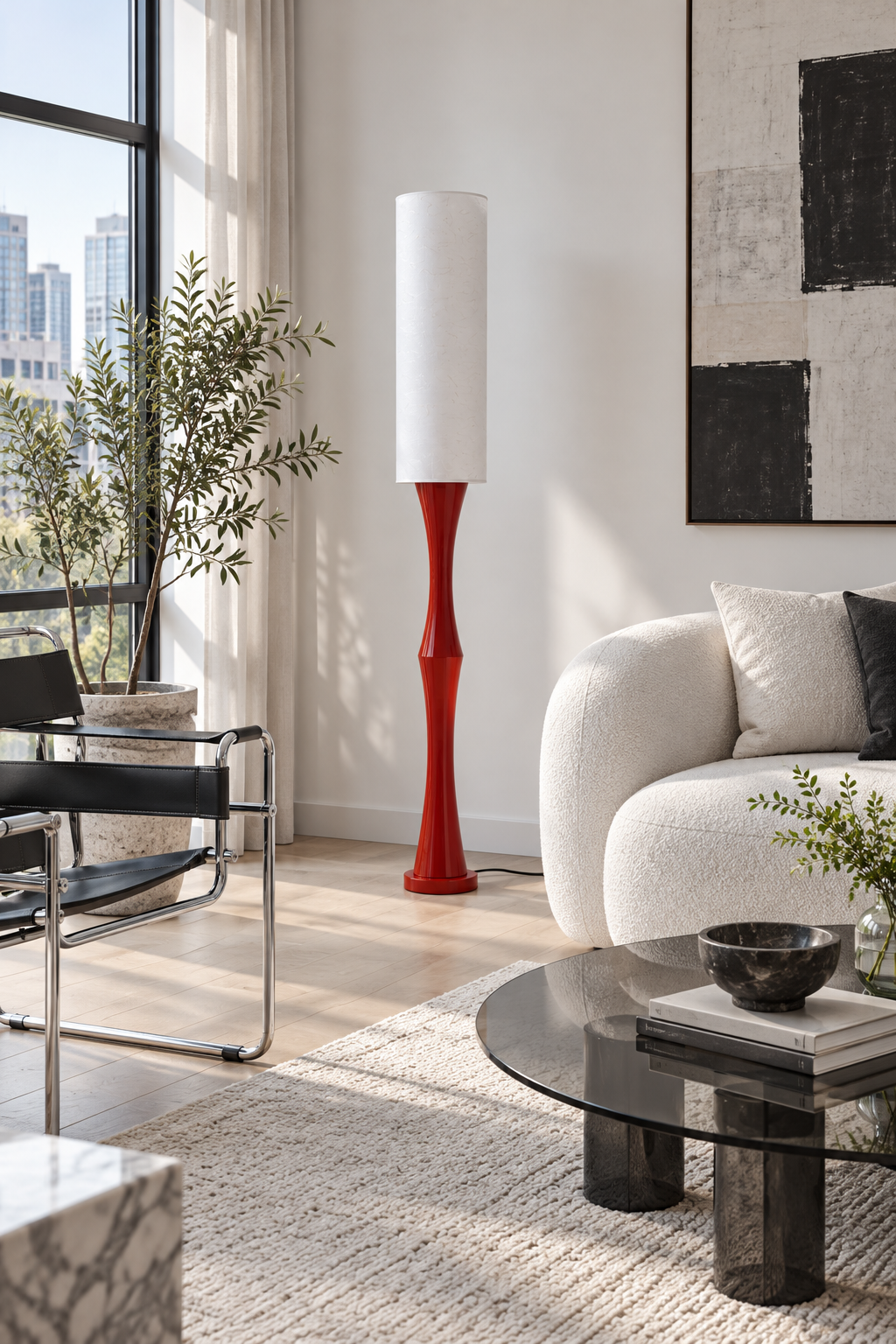 Tavrane red ash wood and fabric floor lamp, generated scene, light off