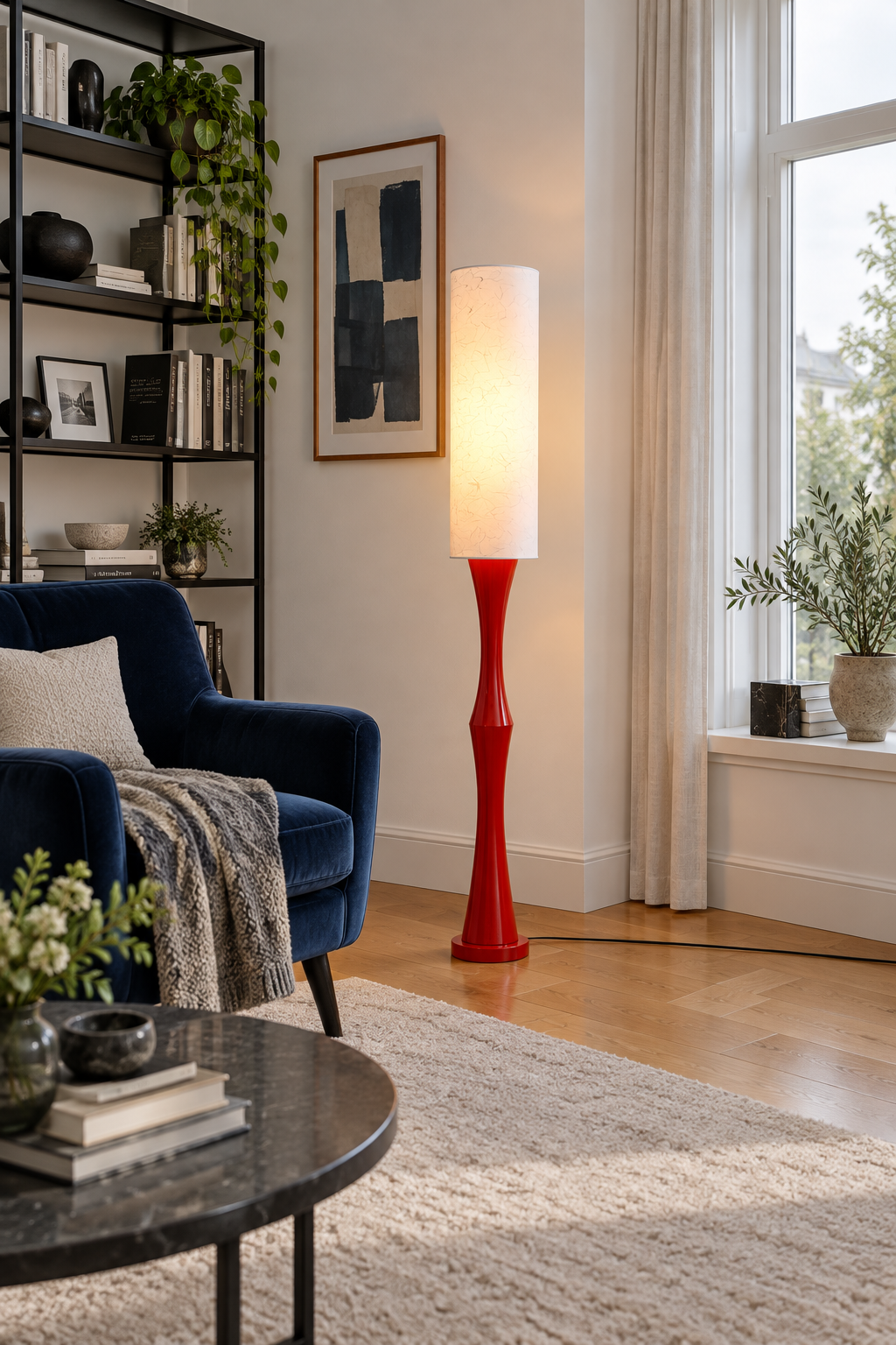 Tavrane red ash wood and fabric floor lamp, generated scene, light on