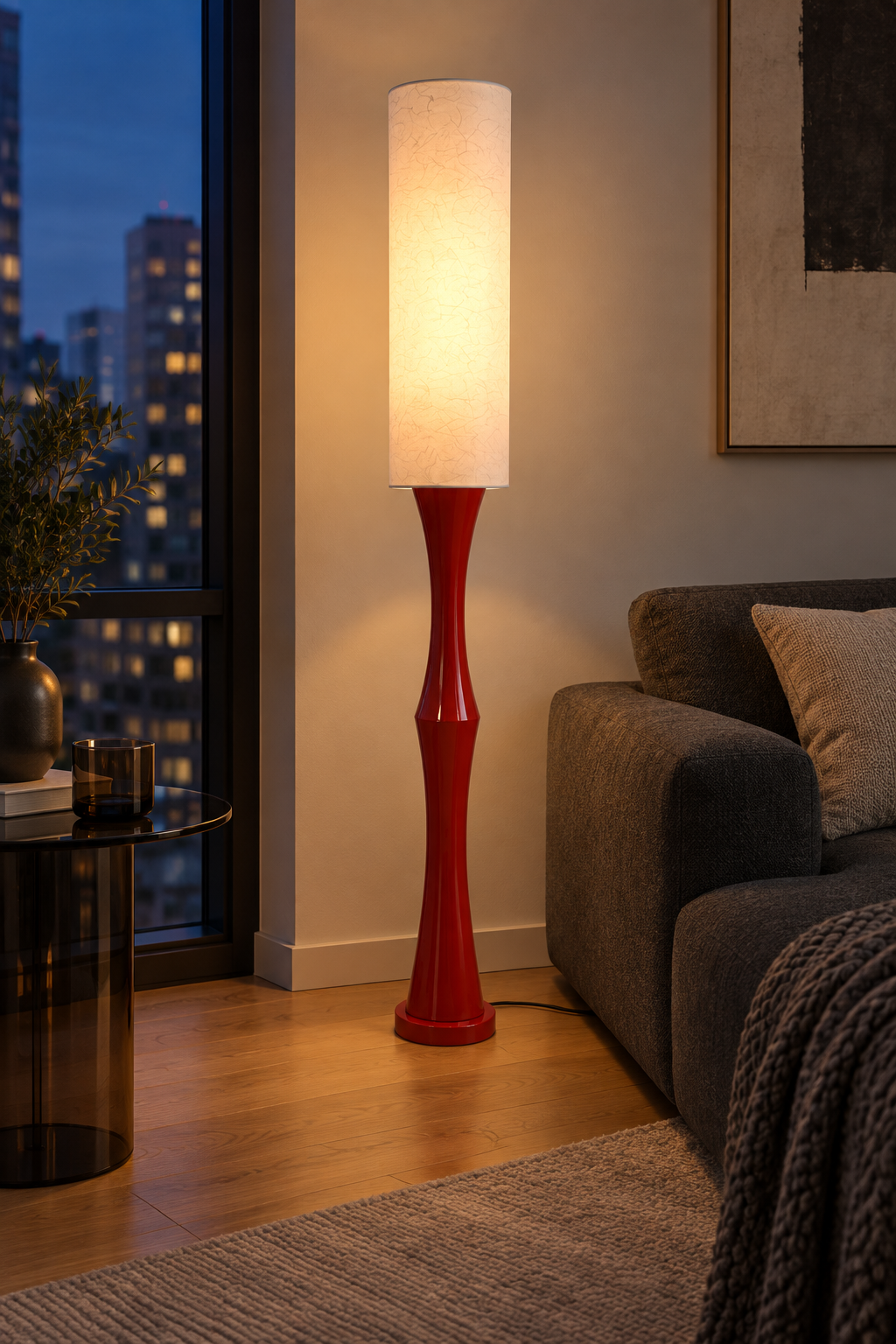 Tavrane red ash wood and fabric floor lamp, generated scene, light on