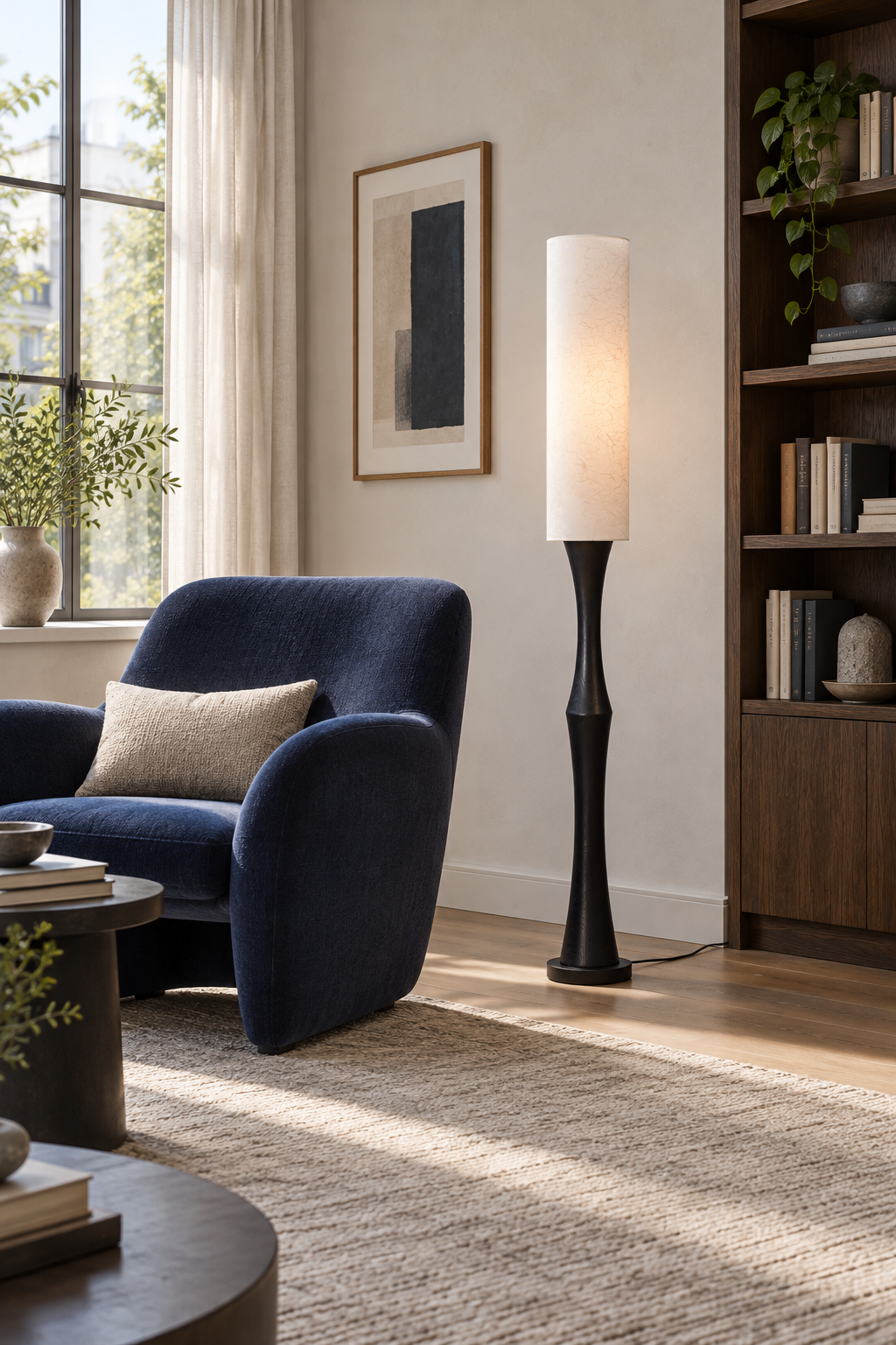 Tavrane black ash wood and fabric floor lamp, generated scene, light on