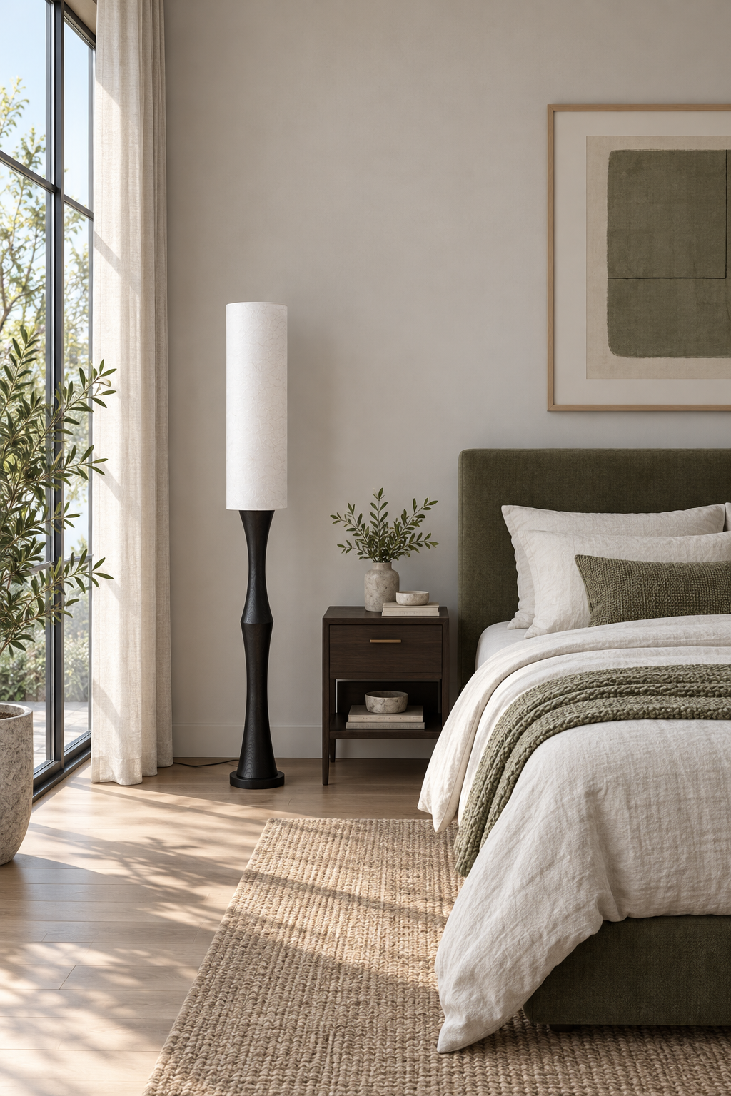 Tavrane black ash wood and fabric floor lamp, generated scene, light off
