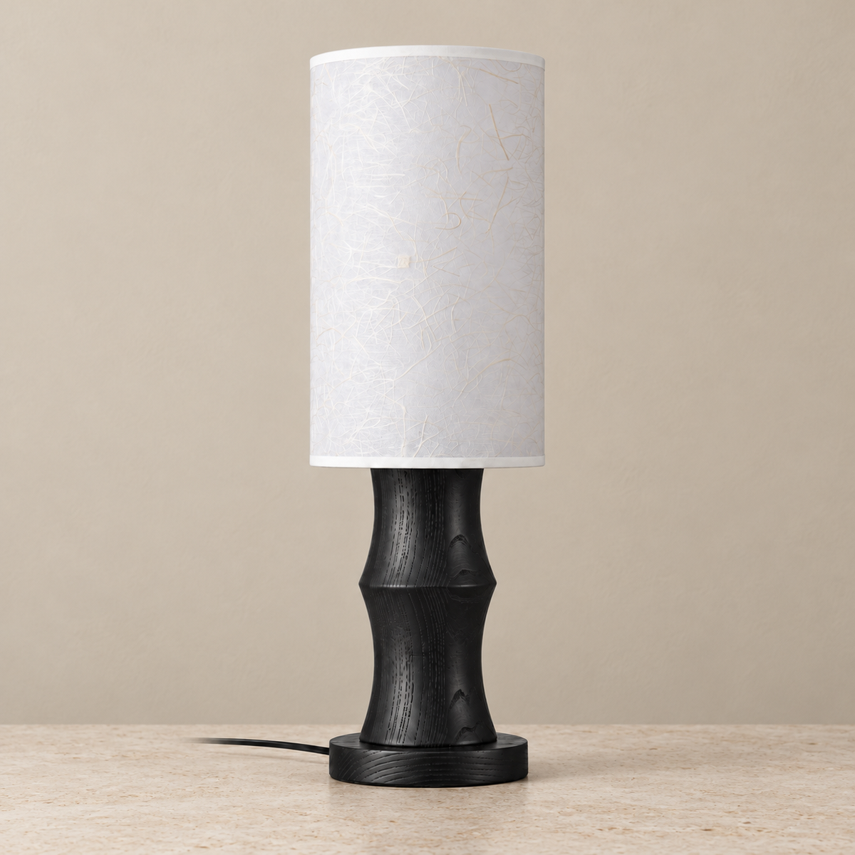 Tavrane black ash wood and fabric table lamp, hero, light off