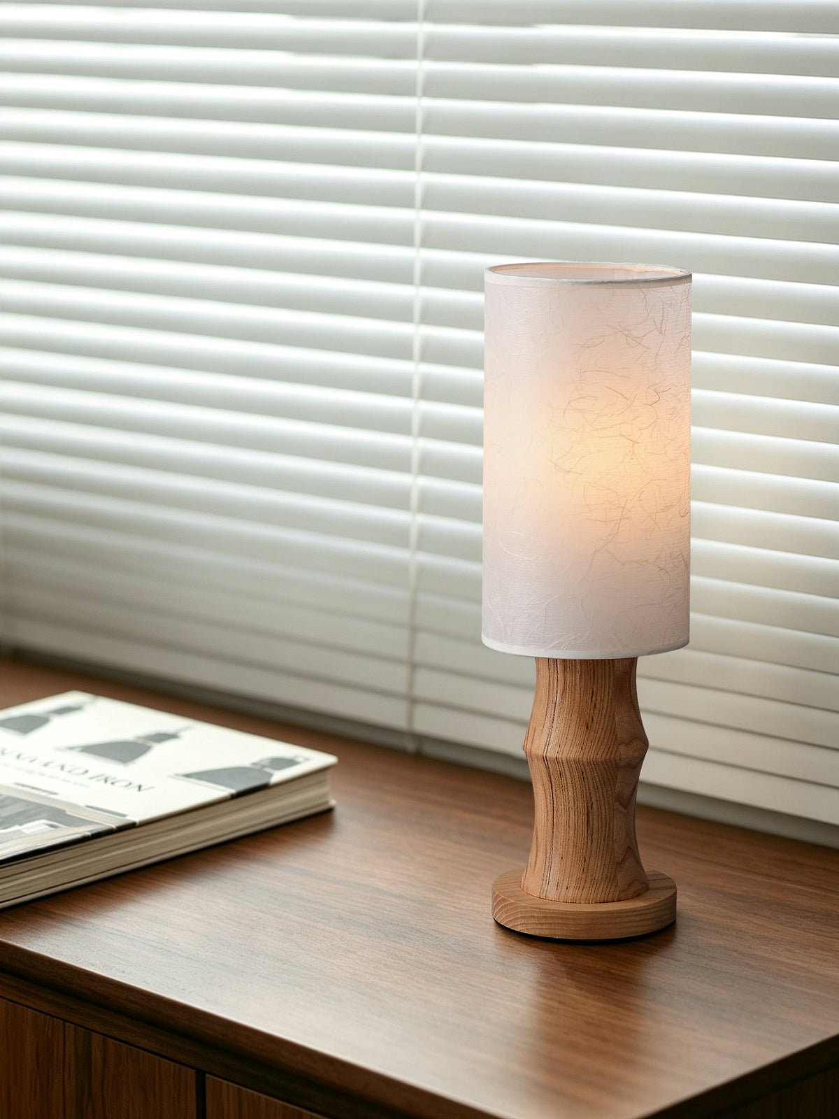 Tavrane natural ash wood and fabric table lamp, source scene