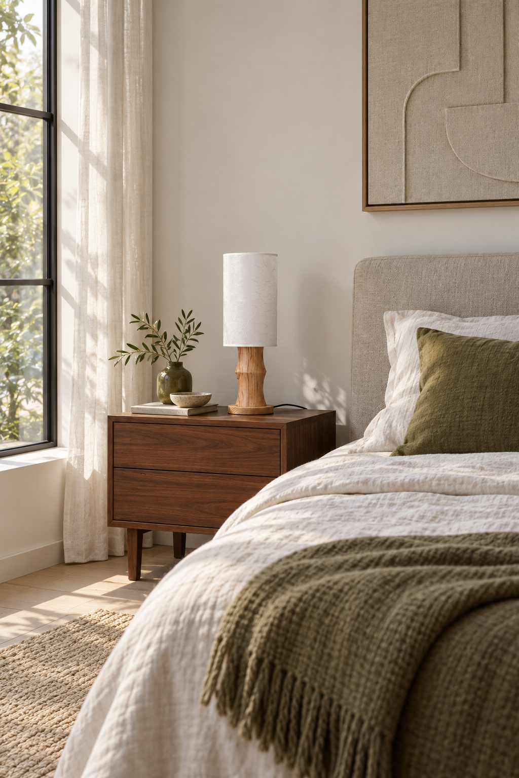 Tavrane natural ash wood and fabric table lamp, generated scene, light off
