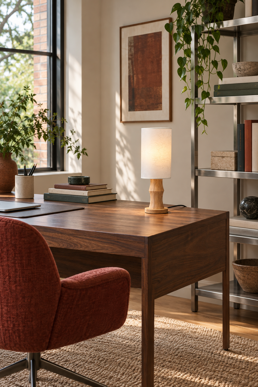Tavrane natural ash wood and fabric table lamp, generated scene, light on