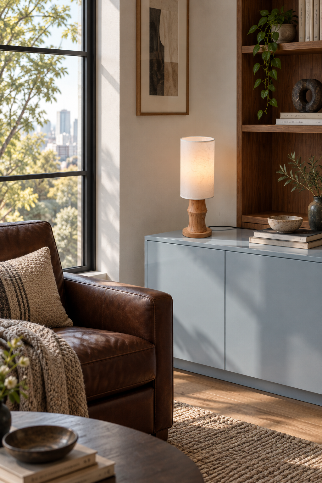 Tavrane natural ash wood and fabric table lamp, generated scene, light on