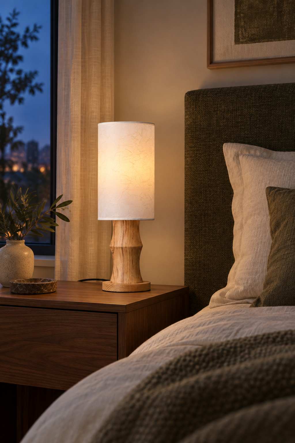Tavrane natural ash wood and fabric table lamp, generated scene, light on