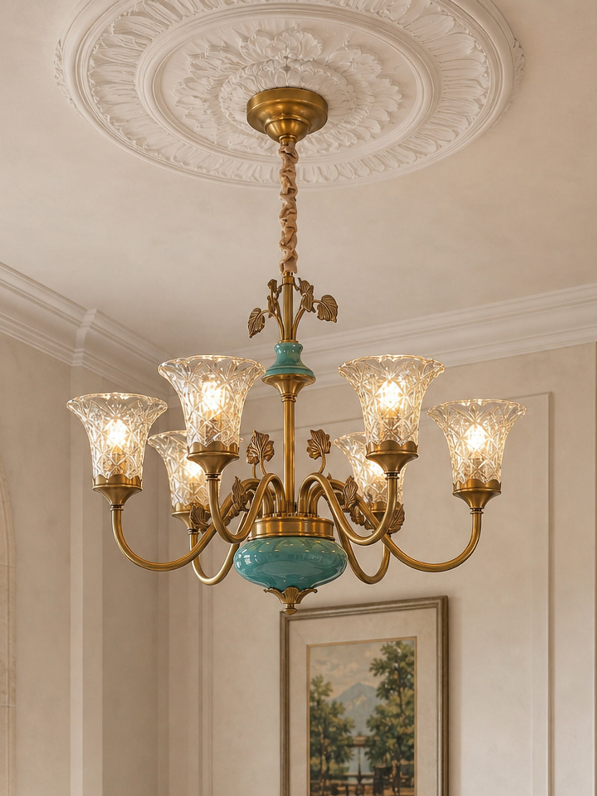 Turquoise Blue Ceramic Brass Chandelier — desktop collection card lifestyle image