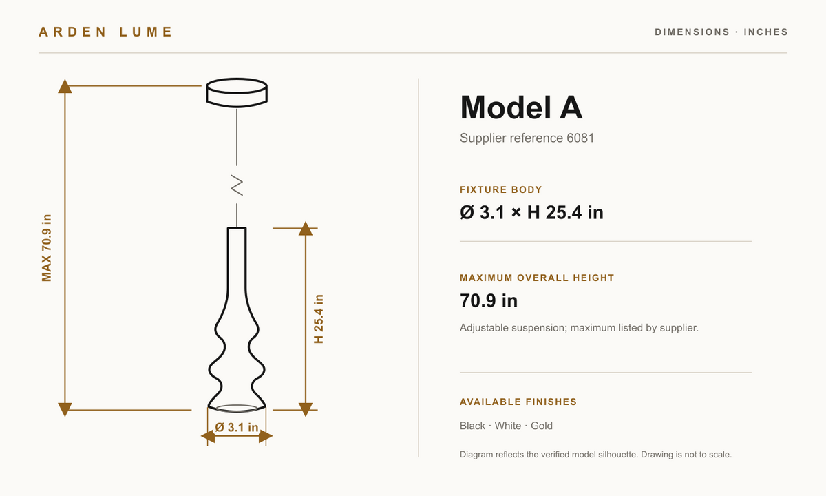 Torvelle Model A technical dimensions — 3.1 inch diameter, 25.4 inch body height