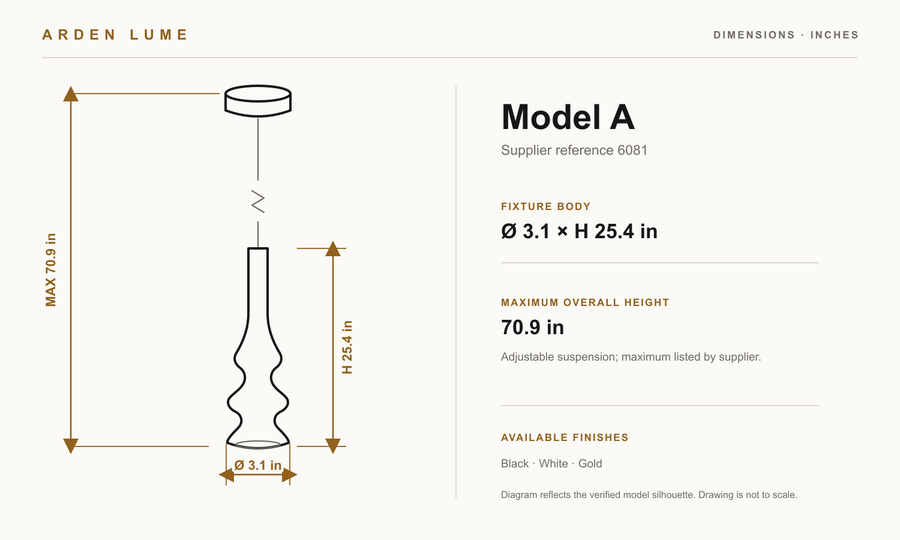 Torvelle Model A technical dimensions — 3.1 inch diameter, 25.4 inch body height