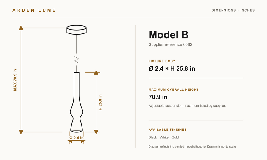 Torvelle Model B technical dimensions — 2.4 inch diameter, 25.8 inch body height