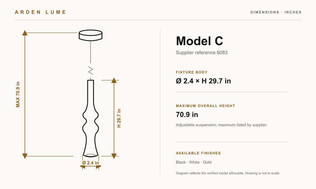 Torvelle Model C technical dimensions — 2.4 inch diameter, 29.7 inch body height