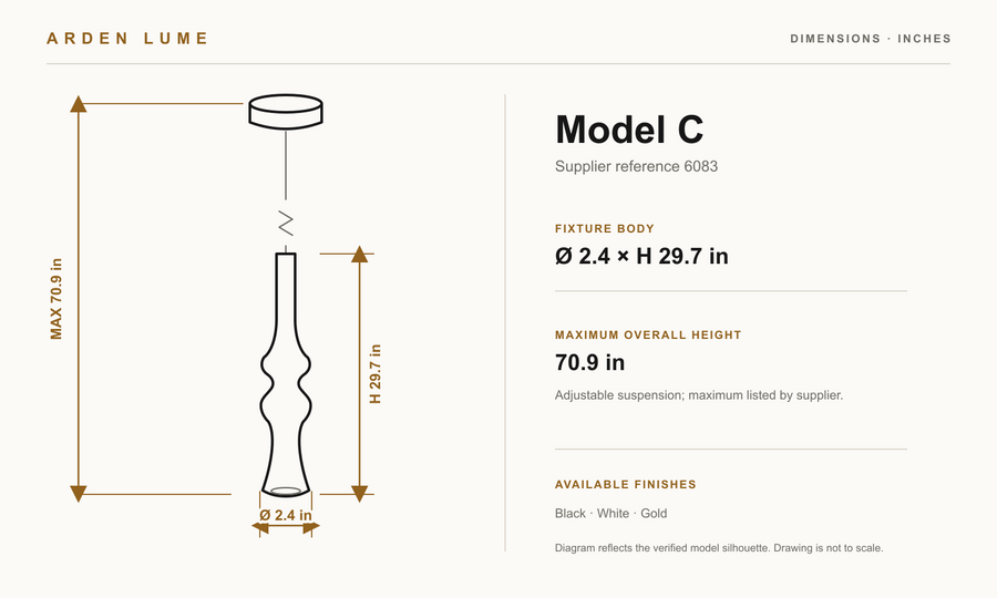 Torvelle Model C technical dimensions — 2.4 inch diameter, 29.7 inch body height