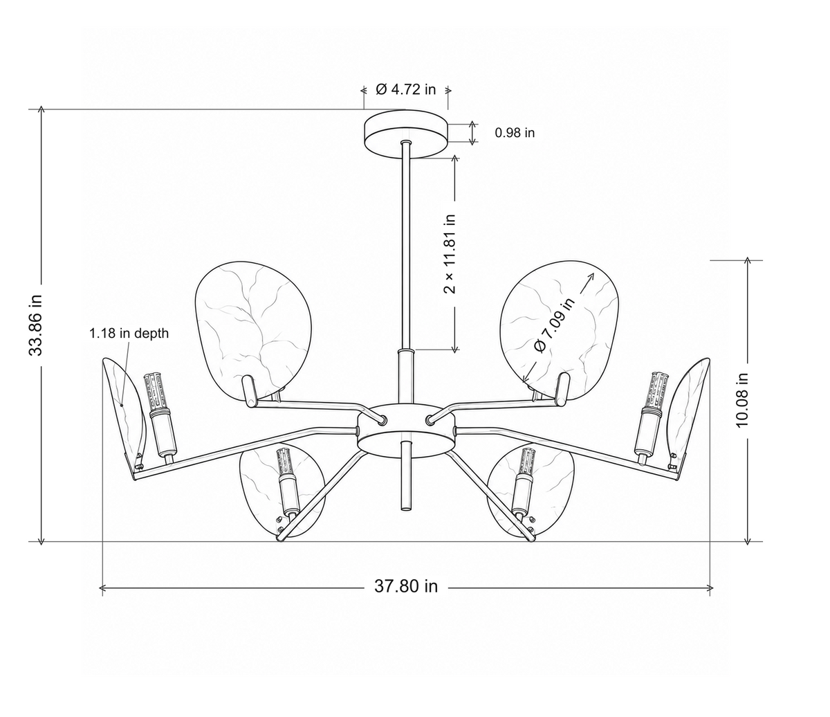 Velnacre 6-light chandelier dimensions: 37.80 in wide, 33.86 in overall height; two 11.81 in rod sections ending above the lower connector.