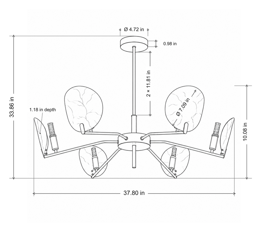 Velnacre 6-light chandelier dimensions: 37.80 in wide, 33.86 in overall height; two 11.81 in rod sections ending above the lower connector.