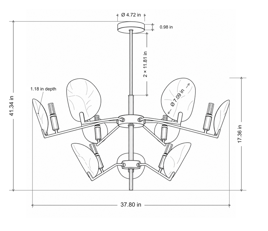 Velnacre 9-light chandelier dimensions: 37.80 in wide, 41.34 in overall height; two 11.81 in rod sections ending above the lower connector.