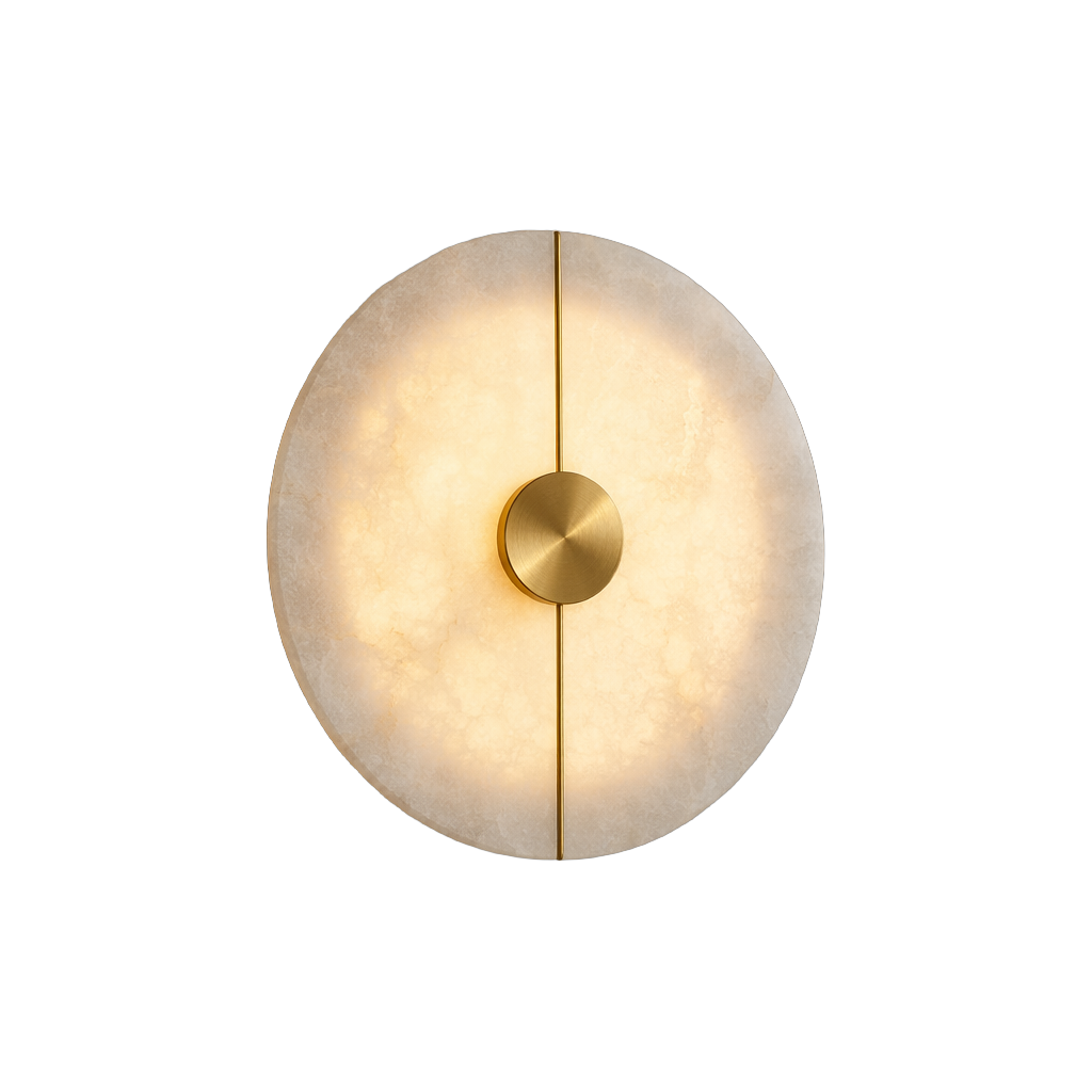 Modern Snowflake Alabaster Round Wall Sconce in Natural Brass — complete product view on a pure white background