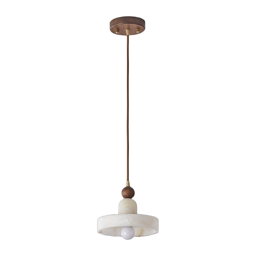 Alabaster and Walnut Disc Pendant Light — complete product view on a pure white background