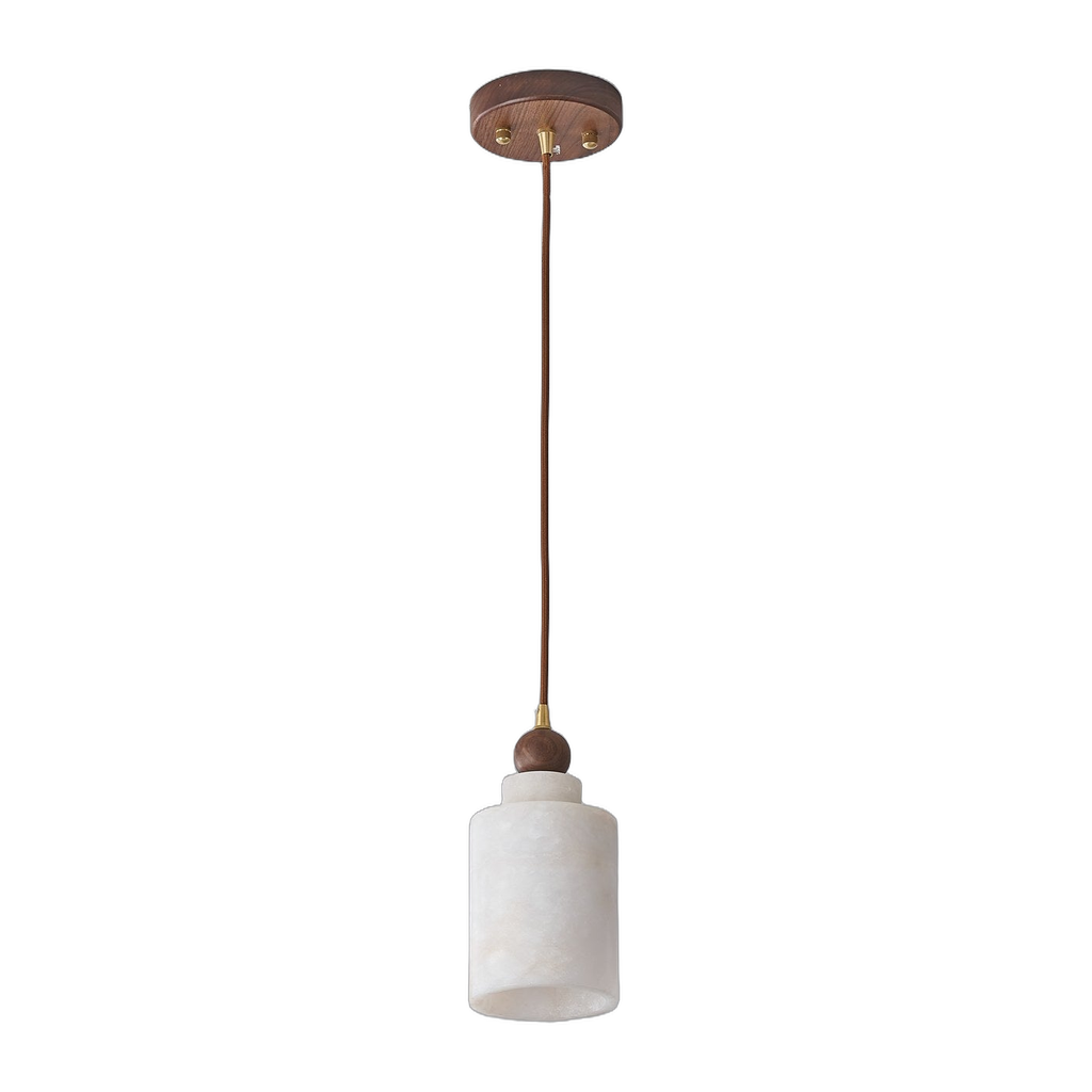 Alabaster and Walnut Cylinder Pendant Light — complete product view on a pure white background