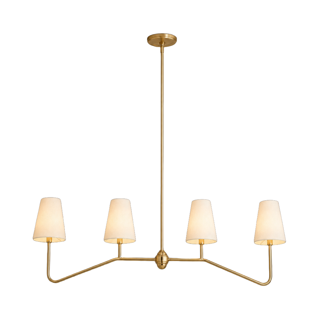Four-Light Brass and Fabric Linear Chandelier — complete product view on a pure white background