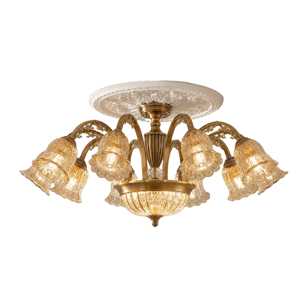 classic American Brass Floral Crystal Ceiling lamp — complete product view on a pure white background