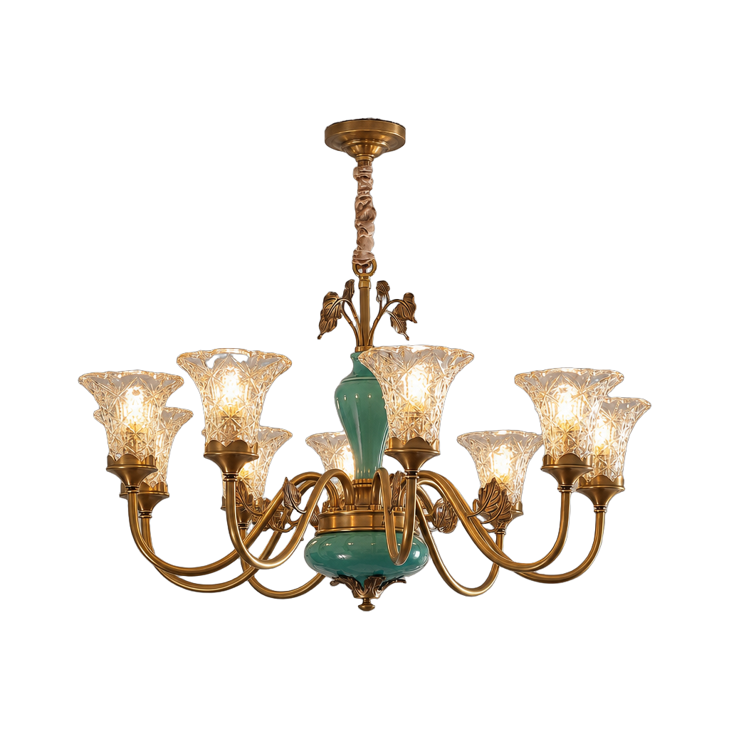 Turquoise Blue Ceramic Brass Chandelier — complete product view on a pure white background