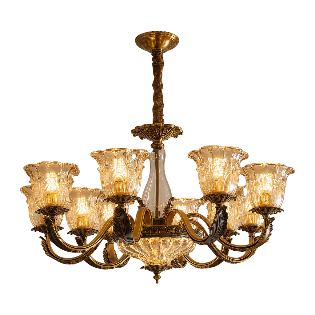 Antique Brass Fluted Glass Chandelier — complete product view on a pure white background
