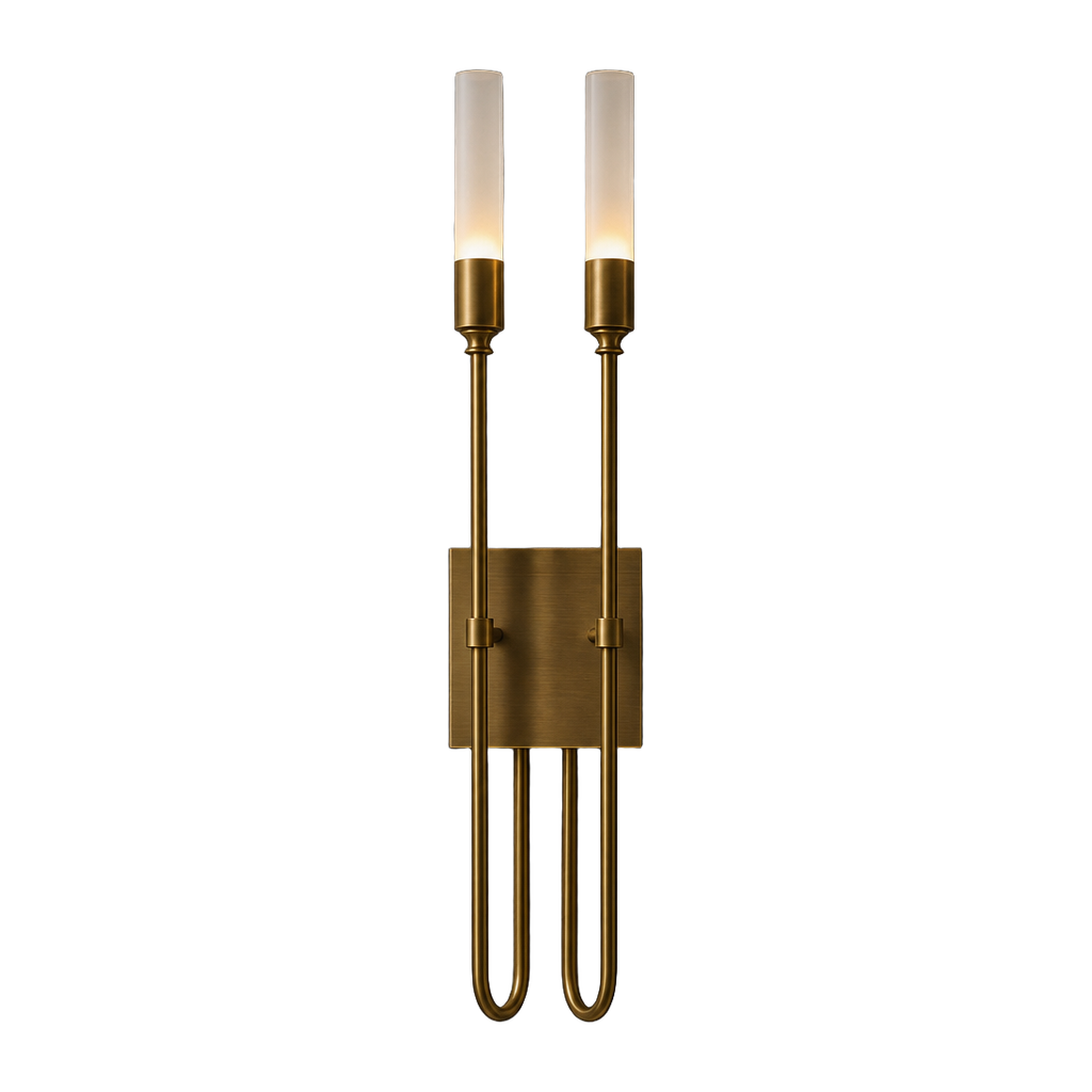 Double Arrow Brass and Acrylic Wall Sconce — complete product view on a pure white background