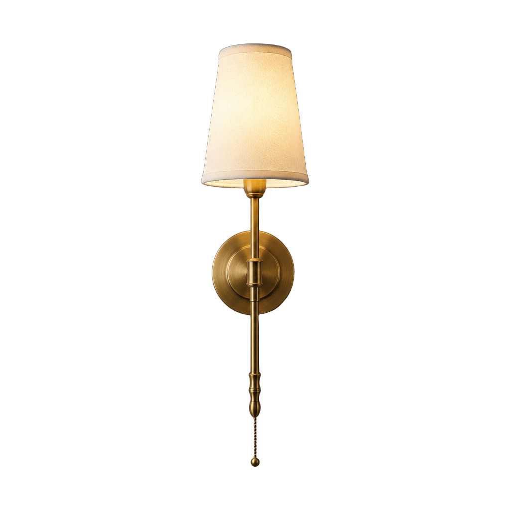 Antique Brass Wall Sconce with Fabric Shade — complete product view on a pure white background