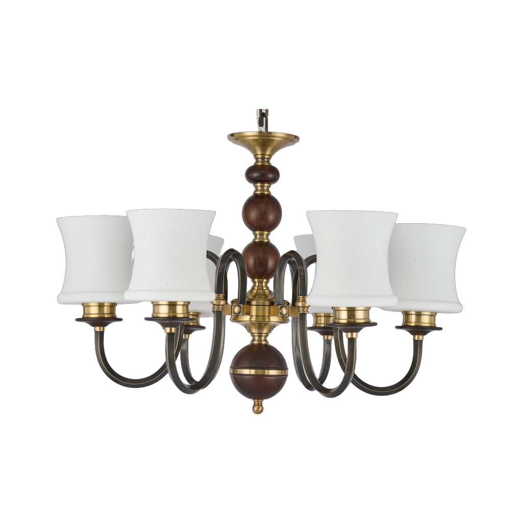 Ebonelle Opal Glass, Blackened Brass and Ash Wood Chandelier — complete product view on a pure white background